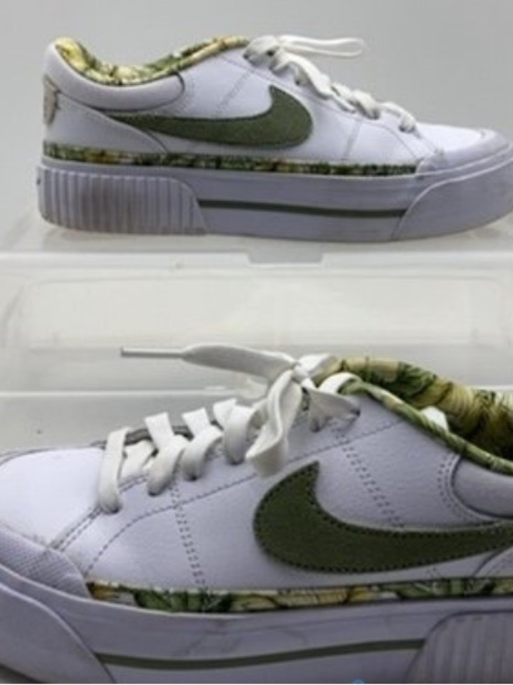Nike White Sneakers with Olive Green Swoosh